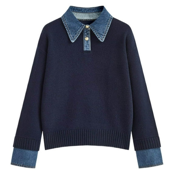 Sweaters for Women, Women's Pullover Sweater Casual Loose Knit Top Collar Denim Trim Elegant Versatile Shirt Style Comfortable Soft Yarn, Sweater(Navy,One Size)