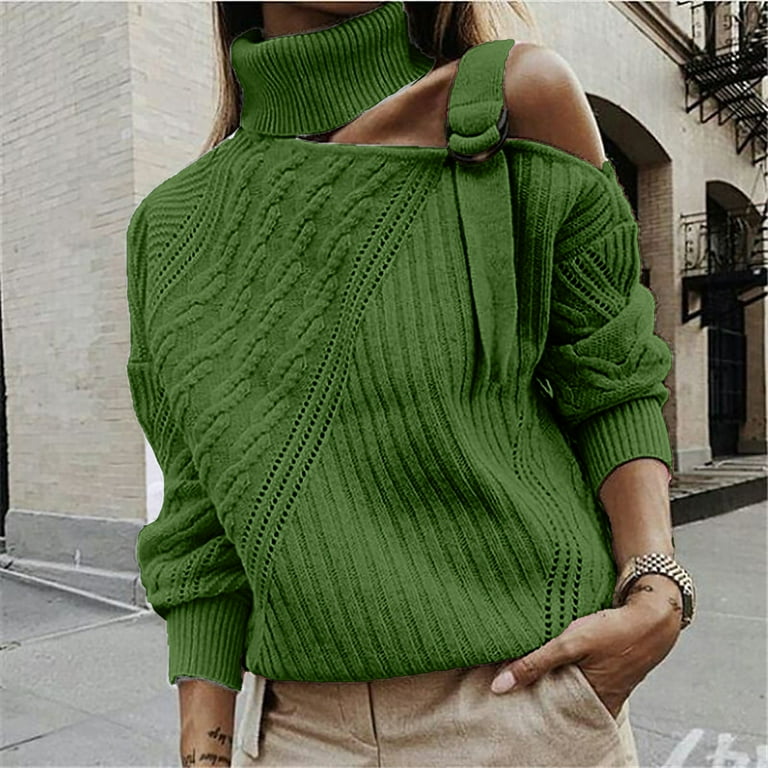 Sweaters for Women Womens Tops Women s Autumn and Winter Casual Loose Solid Color Stitching Long sleeved Stand Collar One Side Strapless Knit Sweater Top Hoodies for Women Green S Walmart