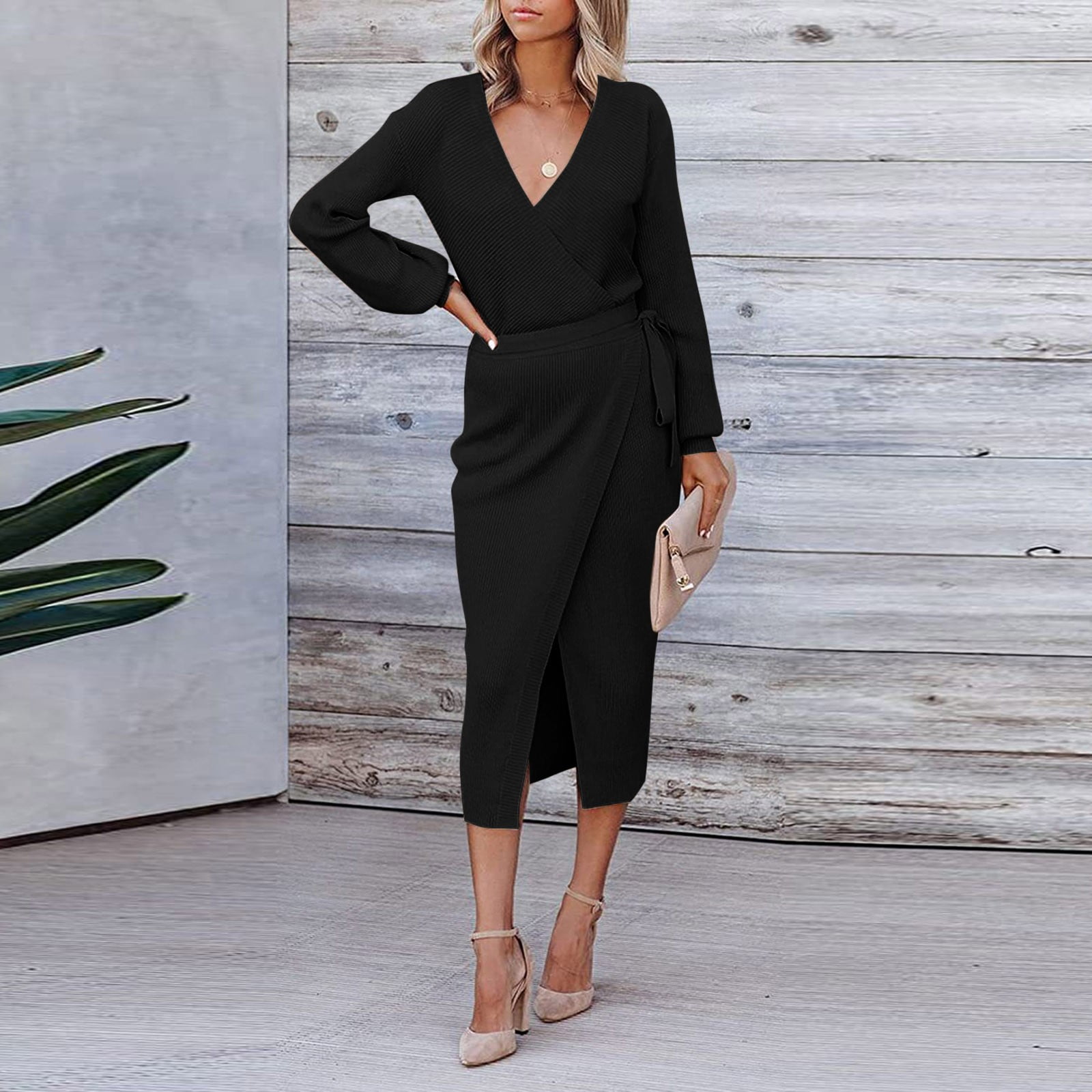 Midi Dress V Neck Long Sleeve Sweater Dress Long Sleeve V-Neck