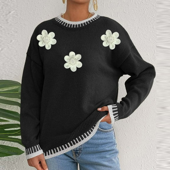 Sweaters for Womens Winter Fleece Warm Knitting Sweater Casual Flowers Printing Long Sleeve Shirts Comfortable Round-Neck Blouses Pullover Acrylic Tops