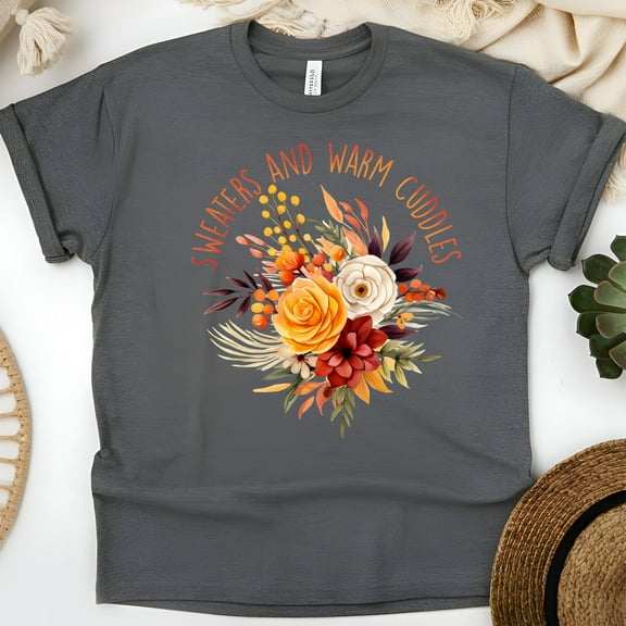 Sweaters and Warm Cuddles T-Shirt | Cozy Fall Floral Graphic Tee for Women, Dark Heather, Size S