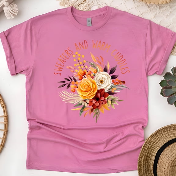 Sweaters and Warm Cuddles T-Shirt | Cozy Fall Floral Graphic Tee for Women, Heliconia, Size S