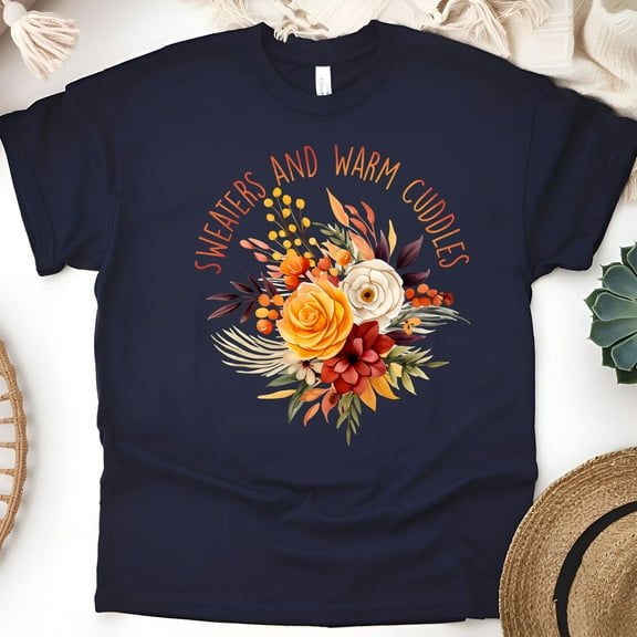 Sweaters and Warm Cuddles T-Shirt | Cozy Fall Floral Graphic Tee for Women, Navy, Size S