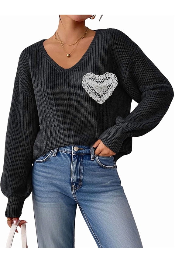 Sweaters for Female Lantern Sleeve Heart Print Pullover Embroidered Lace Patchwork Knit Pullover Black M