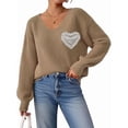 thumbnail image 1 of Sweaters for Female Lantern Sleeve Heart Print Pullover Embroidered Lace Patchwork Knit Pullover Camel S, 1 of 8