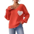 thumbnail image 1 of Sweaters for Female Lantern Sleeve Heart Print Pullover Embroidered Lace Patchwork Knit Pullover Orange S, 1 of 9