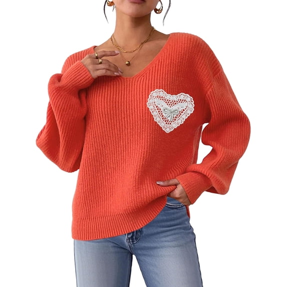 Sweaters for Female Lantern Sleeve Heart Print Pullover Embroidered Lace Patchwork Knit Pullover Orange S