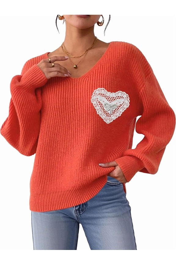 Sweaters for Female Lantern Sleeve Heart Print Pullover Embroidered Lace Patchwork Knit Pullover Orange XL