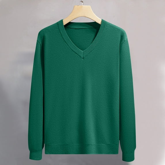 Sweaters for Men Long Sleeved V Neck Solid Color Texture Design Sweater Green 2XL