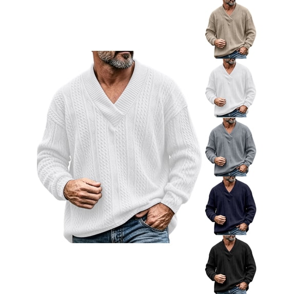 Sweaters for Men Zaewscy Men's V‑Neck Cable Knit Sweater Long Sleeve Loose Casual Pullover Jumper White M