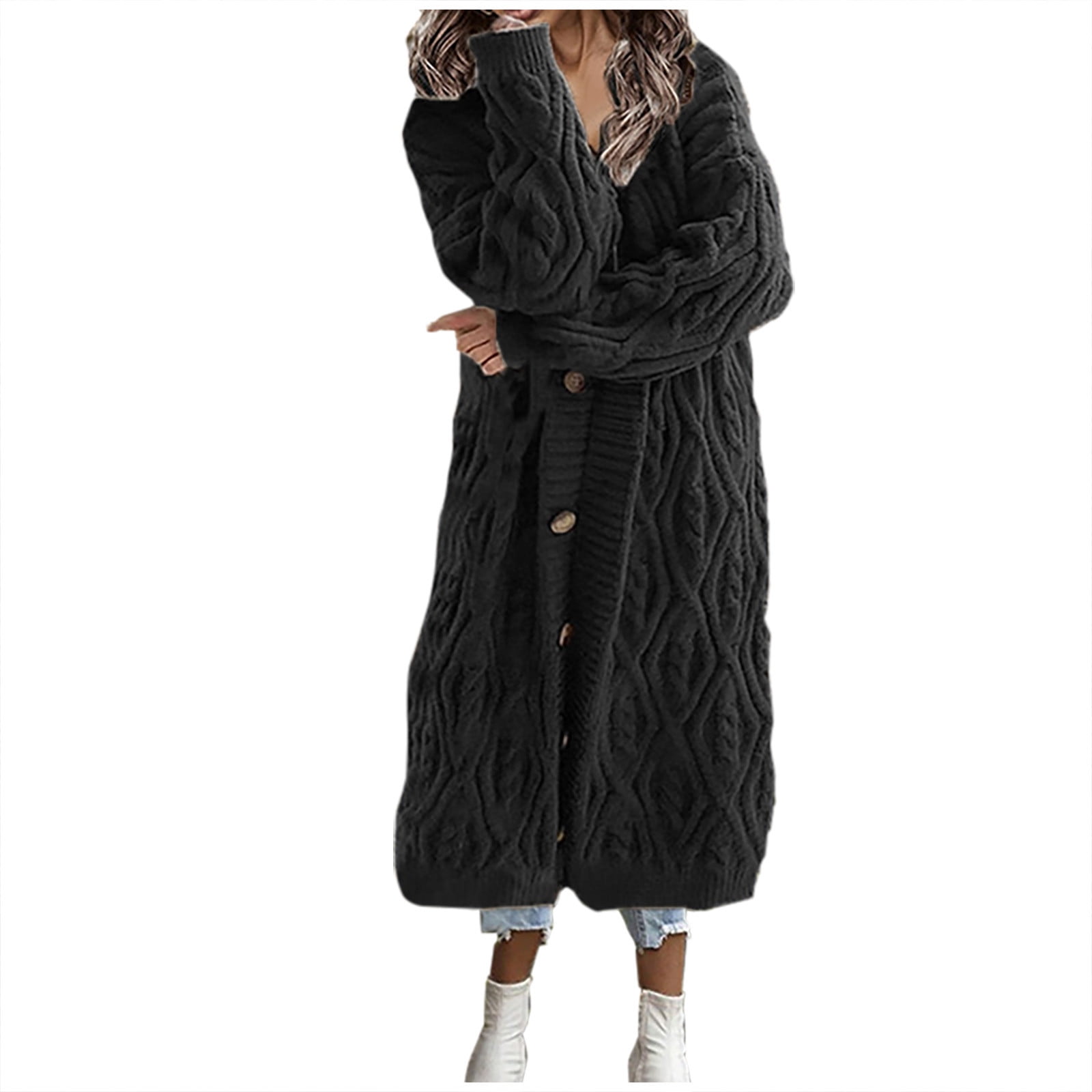 ZIWOCH Women's Long Open Front Cardigan - Cable Knit Oversized Sweater Coat With Pockets, Knee Length - View #12
