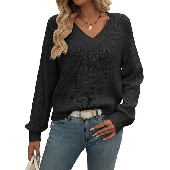 Sweaters for Women 2024 Fall Long Sleeve Hollow V-Neck Knit Shirts Sweater Sweatshirts Loose Pullover Jumper Outerwear Tops Comfy (Black,XX-Large)