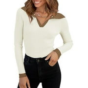 Sweaters for Women Fall Long Sleeve V Neck Ribbed Knit Pullover Tops Casual Slim Fit Basic Tee Shirts