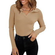 Sweaters for Women Fall Long Sleeve V Neck Ribbed Knit Pullover Tops Casual Slim Fit Basic Tee Shirts