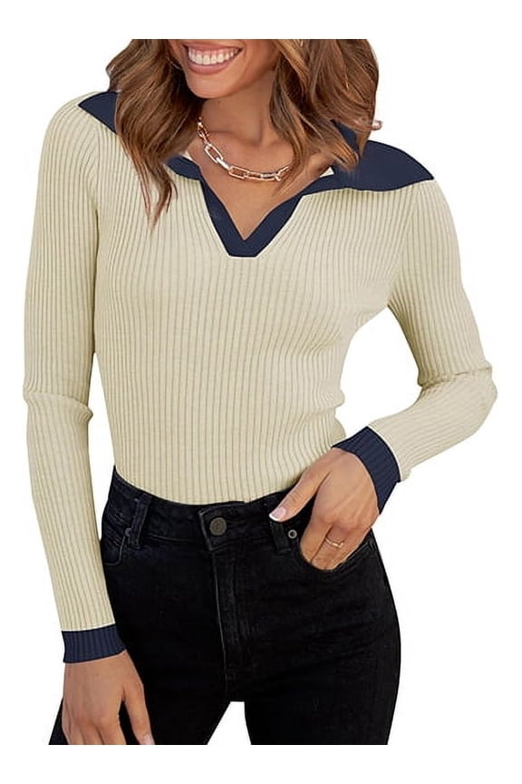 Sweaters for Women Fall Long Sleeve V Neck Ribbed Knit Pullover Tops Casual Slim Fit Basic Tee Shirts
