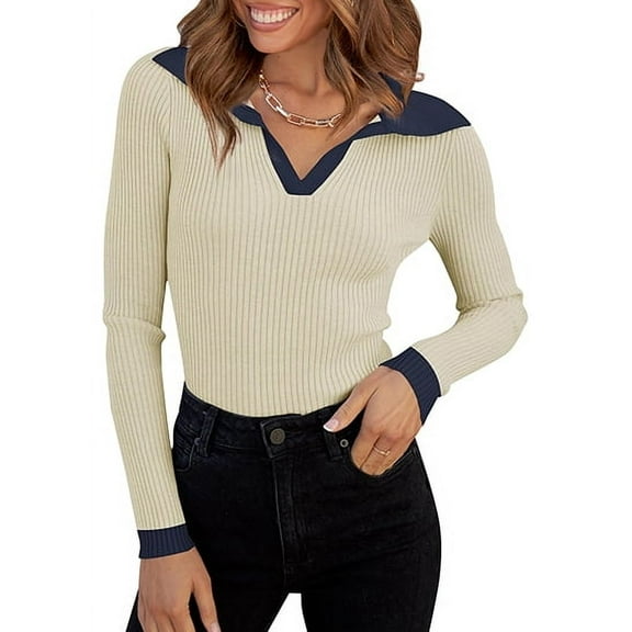 Sweaters for Women Fall Long Sleeve V Neck Ribbed Knit Pullover Tops Casual Slim Fit Basic Tee Shirts