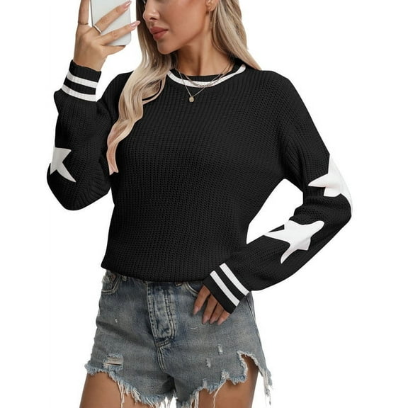 Sweaters for Women 2024 Trendy Elbow Star Printed Crewneck Sweater Casual Lightweight Knitted Pullover Sweater Shermie