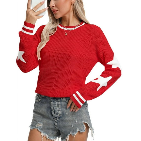 Sweaters for Women 2024 Trendy Elbow Star Printed Crewneck Sweater Casual Lightweight Knitted Pullover Sweater Shermie