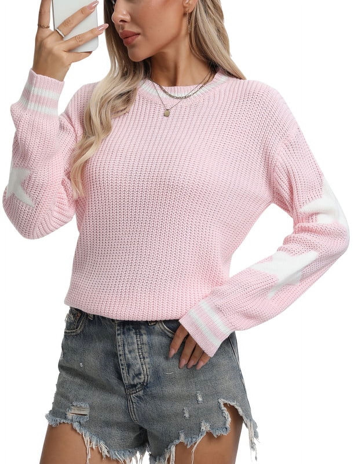 Sweaters for Women 2024 Trendy Elbow Star Printed Crewneck Sweater