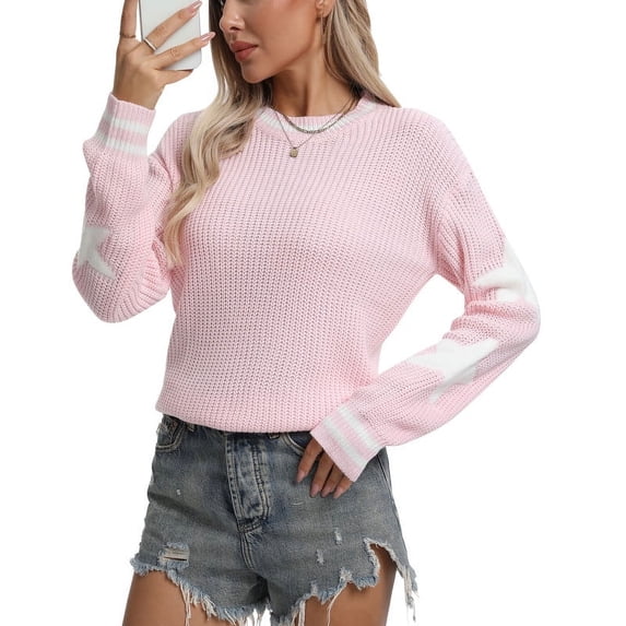 Sweaters for Women 2026 Trendy Front Star Printed Crewneck Sweater Casual Knitted Lightweight Pullover Sweater Shermie
