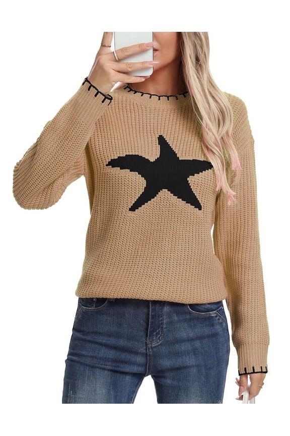 Sweaters for Women 2026 Trendy Front Star Printed Crewneck Sweater Casual Knitted Lightweight Pullover Sweater Shermie