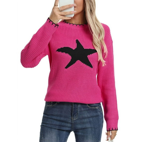 Sweaters for Women 2024 Trendy Front Star Printed Crewneck Sweater Casual Knitted Lightweight Pullover Sweater Shermie