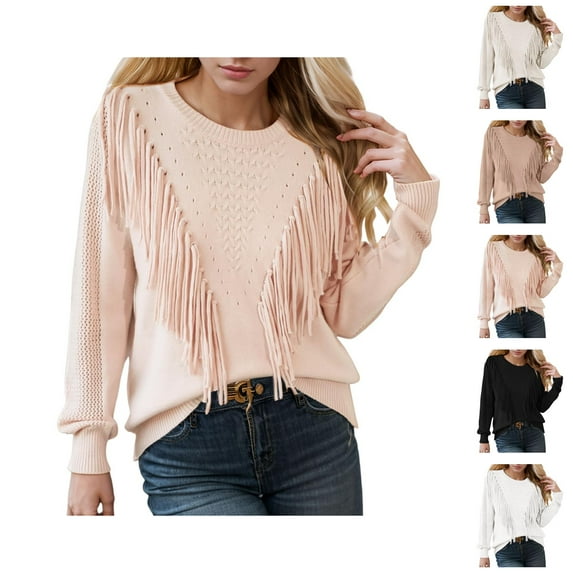 Sweaters for Women 2025 Casual Crewneck Fringe Tassel Knitted Sweater Jumper Tops Womens Pullover Sweaters