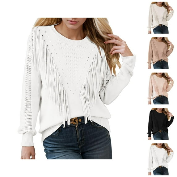 Sweaters for Women 2025 Casual Crewneck Fringe Tassel Knitted Sweater Jumper Tops Womens Pullover Sweaters