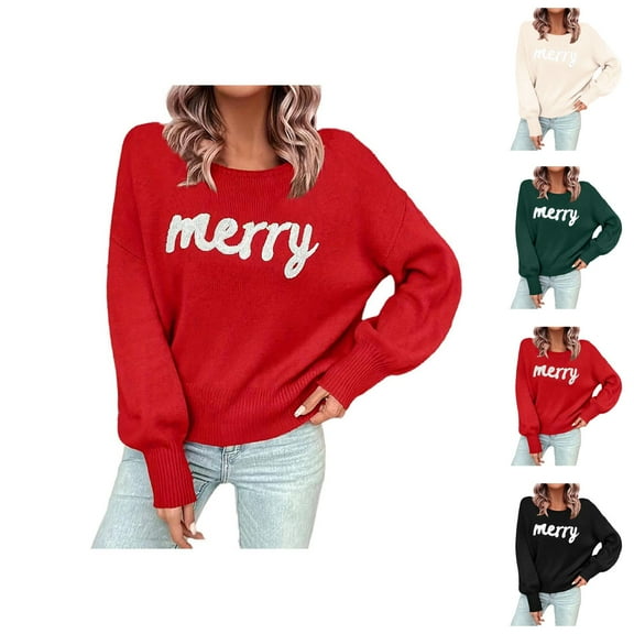 Sweaters for Women 2025 Christmas Merry Fall Winter Long Sleeve Crewneck Festive Jumper Top Womens Pullover Sweaters
