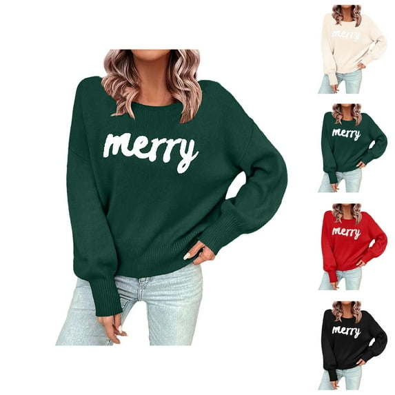 Sweaters for Women 2025 Christmas Merry Fall Winter Long Sleeve Crewneck Festive Jumper Top Womens Pullover Sweaters