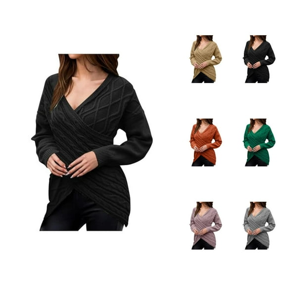 Sweaters for Women 2025 Deep V Neck Long Sleeve Cross Wrap Front Cable Knit Slim Jumper Tops Womens Pullover Sweaters
