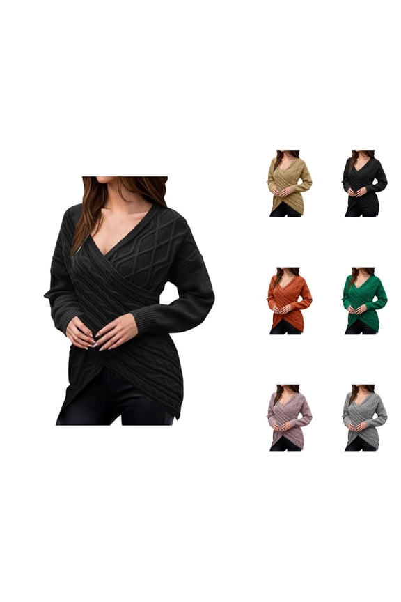 Sweaters for Women 2025 Deep V Neck Long Sleeve Cross Wrap Front Cable Knit Slim Jumper Tops Womens Pullover Sweaters