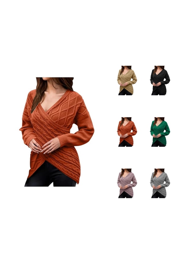 Sweaters for Women 2025 Deep V Neck Long Sleeve Cross Wrap Front Cable Knit Slim Jumper Tops Womens Pullover Sweaters
