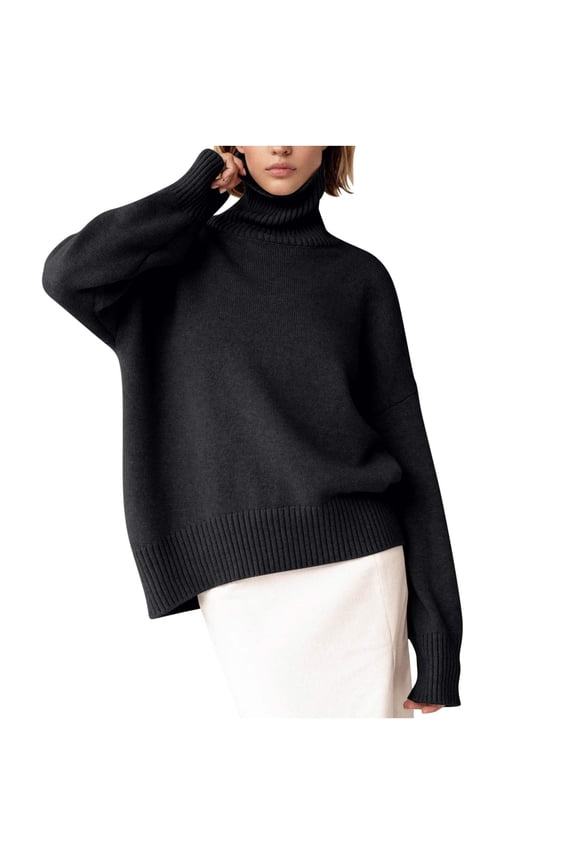 Sweaters for Women 2025 Fall Fashion Turtleneck Long Sleeve Ribbed Knit Loose Pullover Sweater Tops Black S