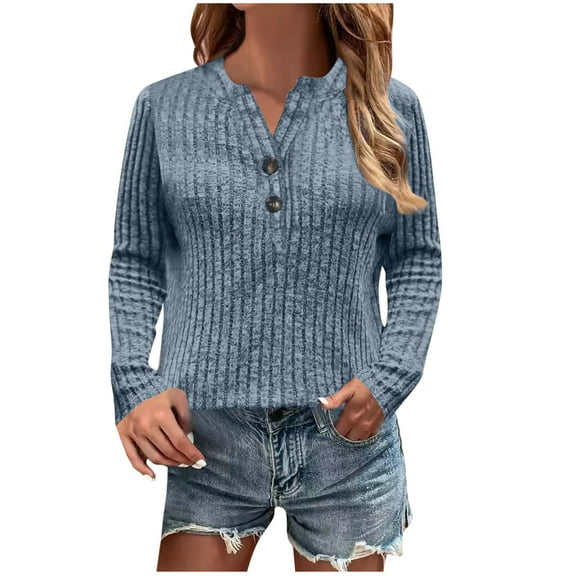 Sweaters for Women 2025 Fall Long Sleeve V Neck Ribbed Knit Pullover Tops Casual Button Down Basic Tee Shirts