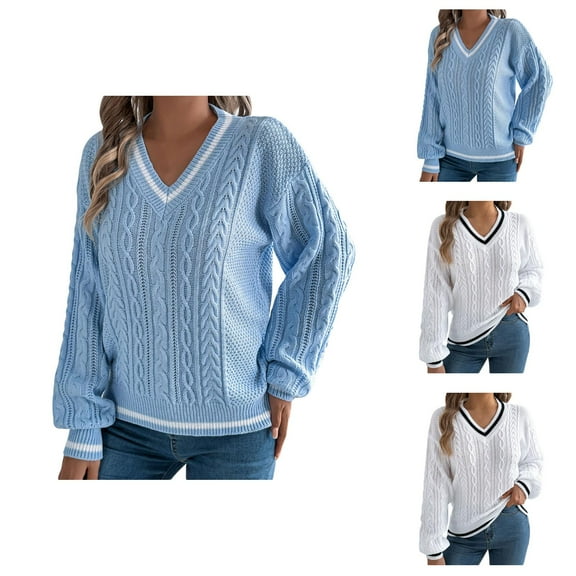 Sweaters for Women 2025 Fall Winter Lattern Sleeve V-Neck Cable Knit Sweater Jumper Top Womens Pullover Sweaters
