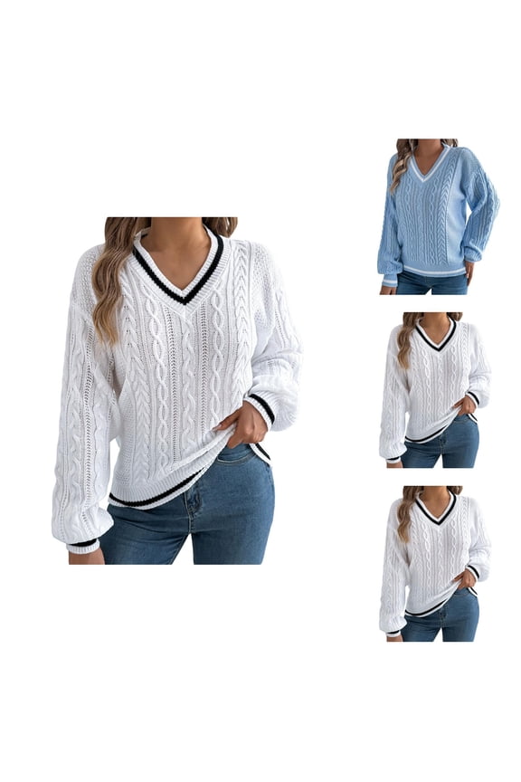 Sweaters for Women 2025 Fall Winter Lattern Sleeve V-Neck Cable Knit Sweater Jumper Top Womens Pullover Sweaters