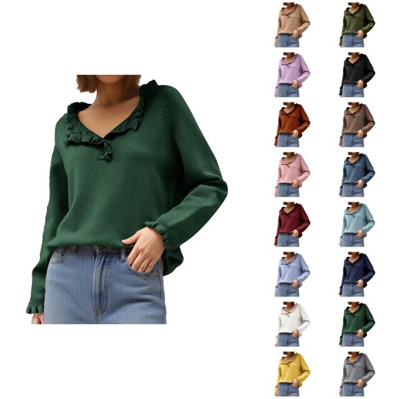 Sweaters for Women 2025 Fall Winter Long Sleeve Button Ruffle Crewneck Casual Knit Jumper Top Womens Pullover Sweaters