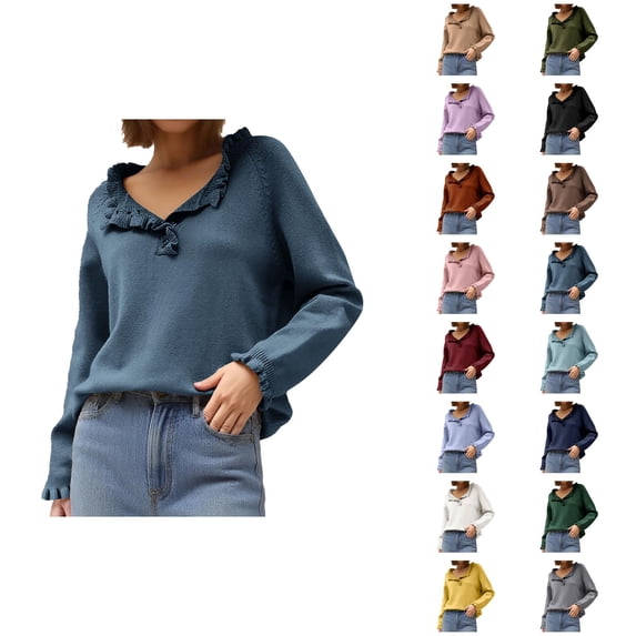 Sweaters for Women 2025 Fall Winter Long Sleeve Button Ruffle Crewneck Casual Knit Jumper Top Womens Pullover Sweaters