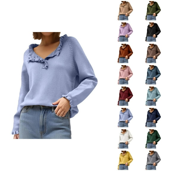 Sweaters for Women 2025 Fall Winter Long Sleeve Button Ruffle Crewneck Casual Knit Jumper Top Womens Pullover Sweaters