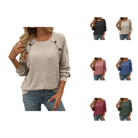 Sweaters for Women 2025 Fall Winter Long Sleeve Crewneck Button Ribbed Knit Sweater Jumper Womens Pullover Sweaters
