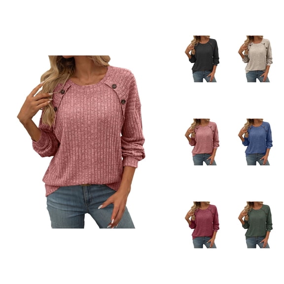 Sweaters for Women 2025 Fall Winter Long Sleeve Crewneck Button Ribbed Knit Sweater Jumper Womens Pullover Sweaters