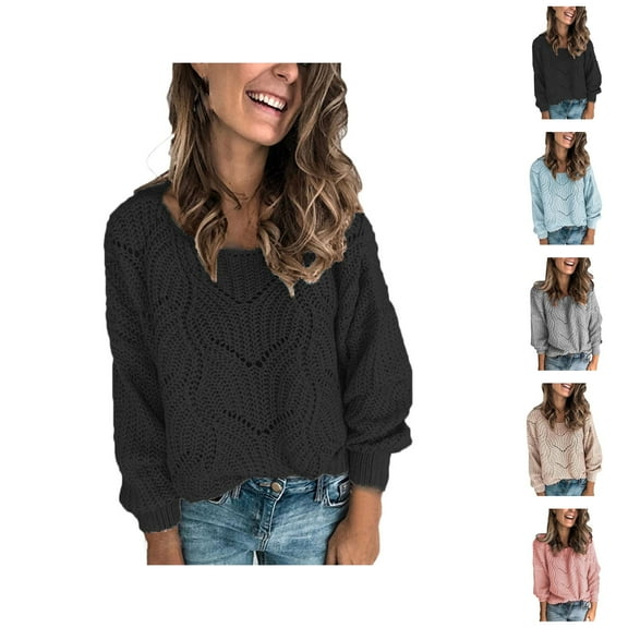 Sweaters for Women 2025 Fall Winter Long Sleeve Crewneck Hollow Out Knit Sweater Jumper Top Womens Pullover Sweaters