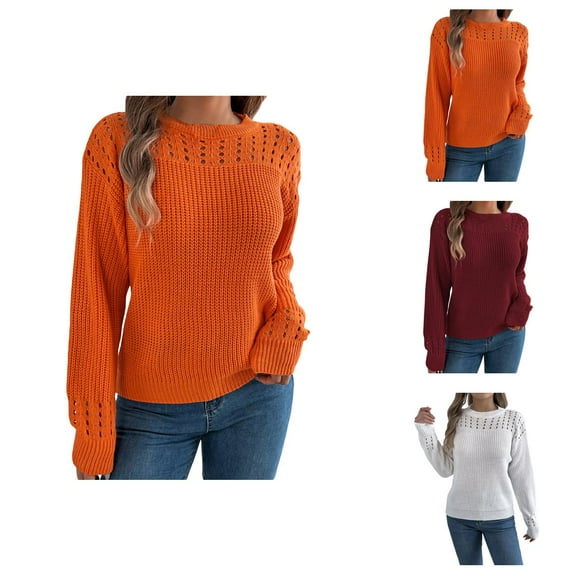 Sweaters for Women 2025 Fall Winter Long Sleeve Crewneck Hollow Out Knitted Jumper Top Womens Pullover Sweaters