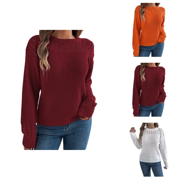 Sweaters for Women 2025 Fall Winter Long Sleeve Crewneck Hollow Out Knitted Jumper Top Womens Pullover Sweaters