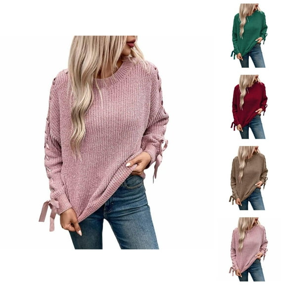 Sweaters for Women 2025 Fall Winter Long Sleeve Crewneck Loose Casual Knitted Jumper Tops Bow Womens Pullover Sweaters