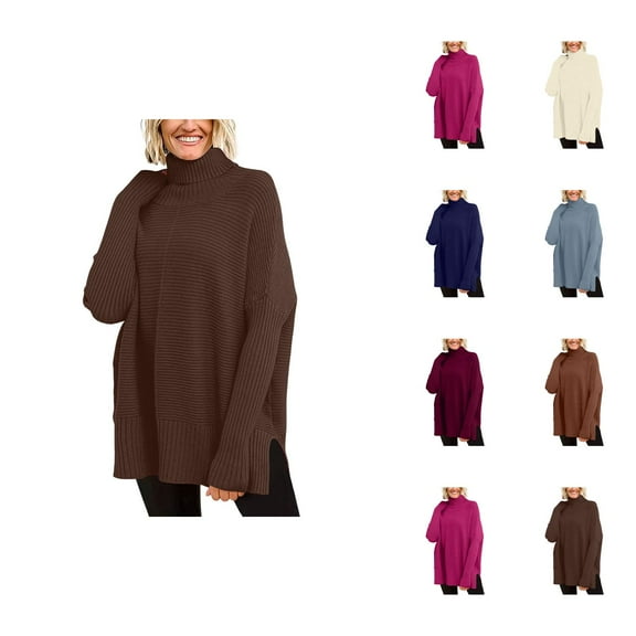 Sweaters for Women 2025 Fall Winter Long Sleeve Turtleneck Side Slit Loose Knit Jumper Top Womens Pullover Sweaters