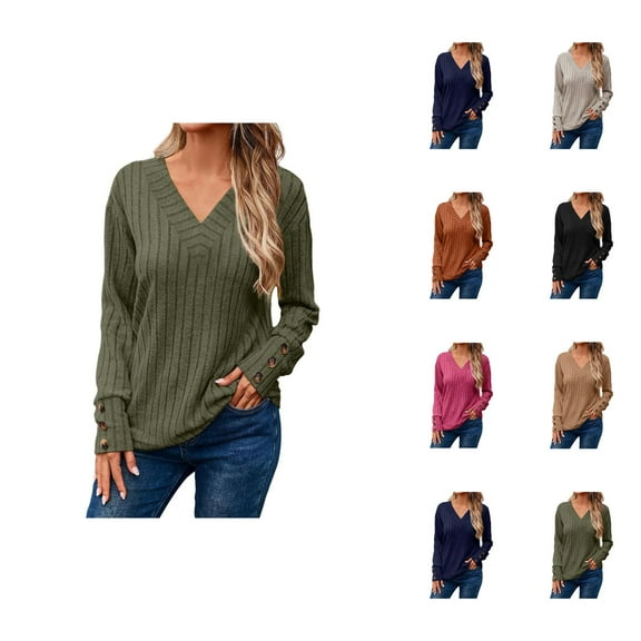 Sweaters for Women 2025 Fall Winter Long Sleeve V-Neck Casual Ribbed Knit Jumper Tops Womens Pullover Sweaters