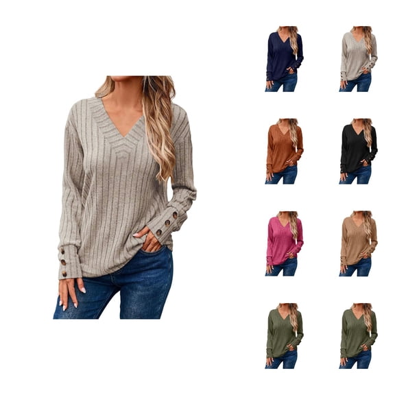 Sweaters for Women 2025 Fall Winter Long Sleeve V-Neck Casual Ribbed Knit Jumper Tops Womens Pullover Sweaters
