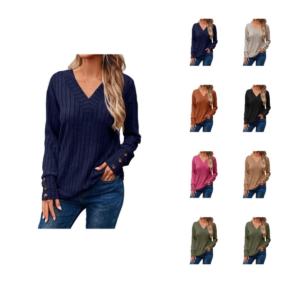 Sweaters for Women 2025 Fall Winter Long Sleeve V-Neck Casual Ribbed Knit Jumper Tops Womens Pullover Sweaters